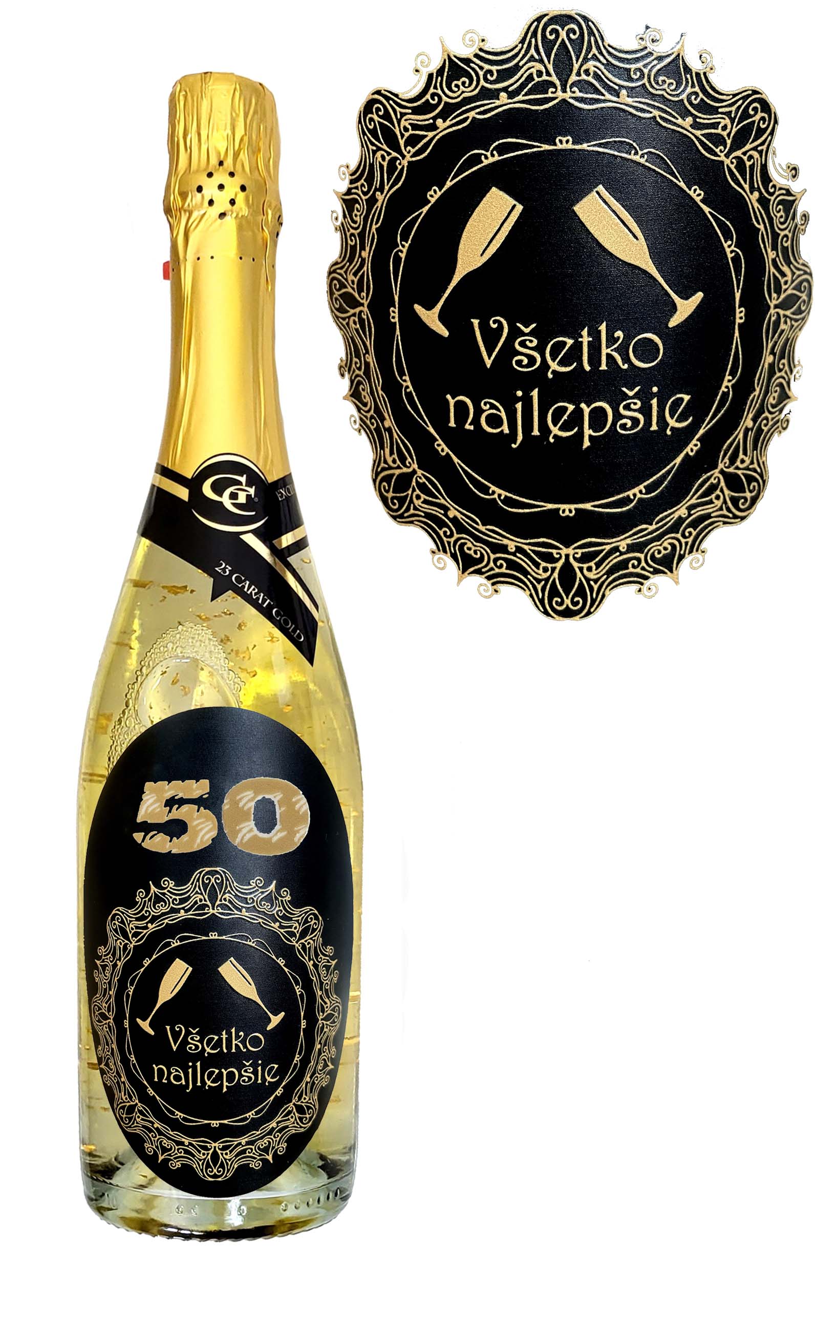 50 rokov - 0,75 Gold Cuvee šumivé so zlatom Narodeniny zlatá kovová etiketa
