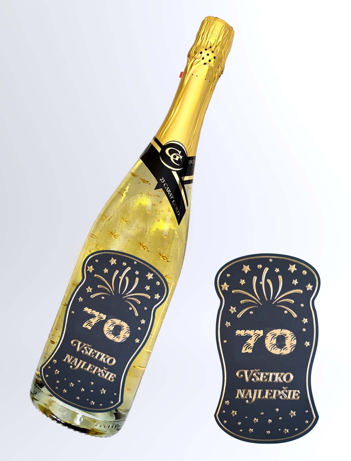70 rokov - 0,75 Gold Cuvee šumivé so zlatom Narodeniny zlatá kovová etiketa
