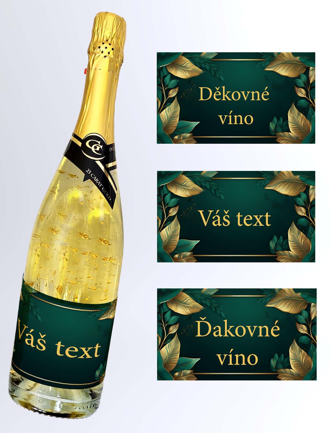 Gold Cuvee šumivé so zlatom - zelená etiketa so zlatými lístkami - Váš text